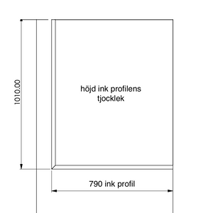 Fast duschvägg i special mått längd 1010mm, bredd 790mm mått ink aluminiumprofil enligt ritning.  Aluminiumprofil nertill samt mot vägg lackerad i Toniton Reddish Brown.  Glas Rib 8mm.